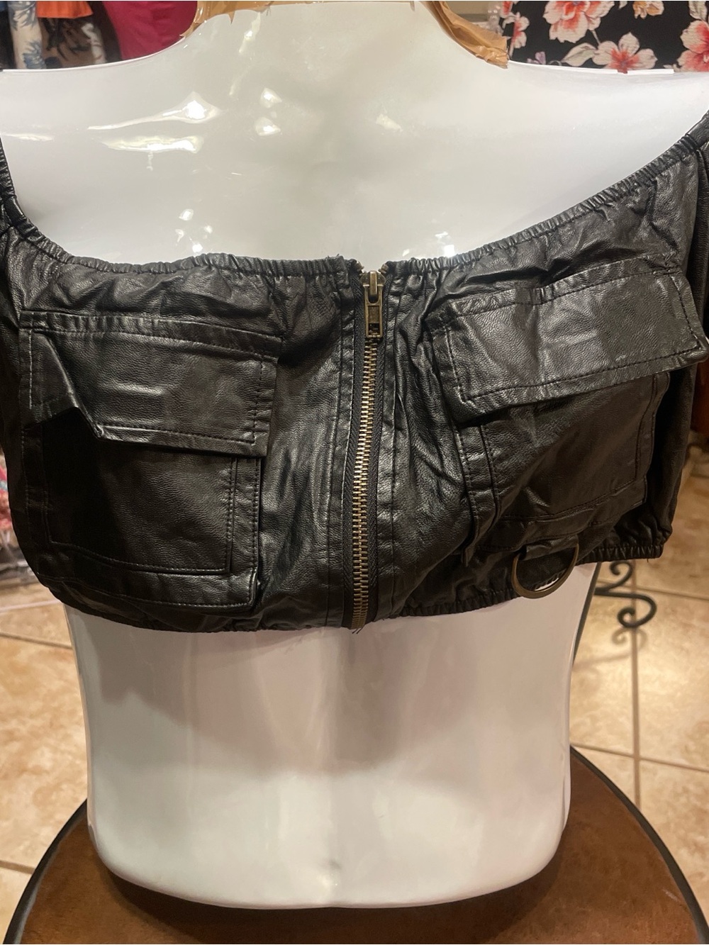 Black Faux Leather Off-Shoulder Crop Top with Front Zip